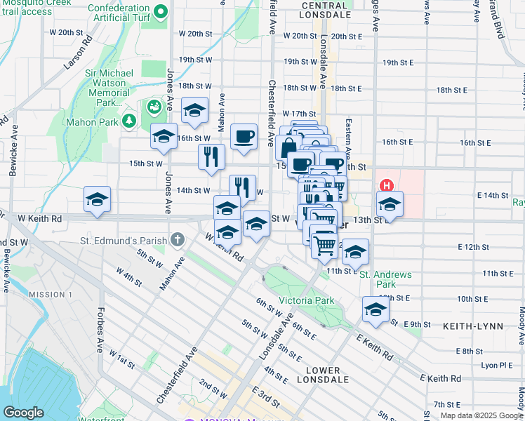 map of restaurants, bars, coffee shops, grocery stores, and more near 210 13th Street West in North Vancouver