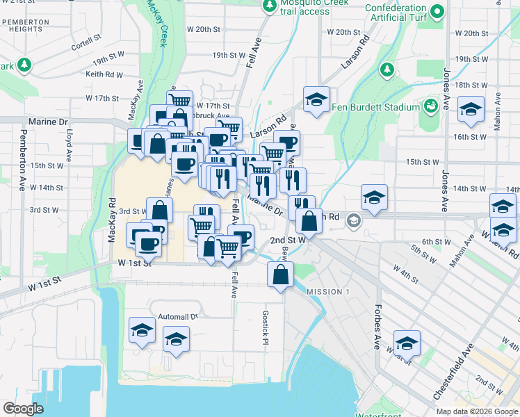 map of restaurants, bars, coffee shops, grocery stores, and more near 725 Marine Drive in North Vancouver