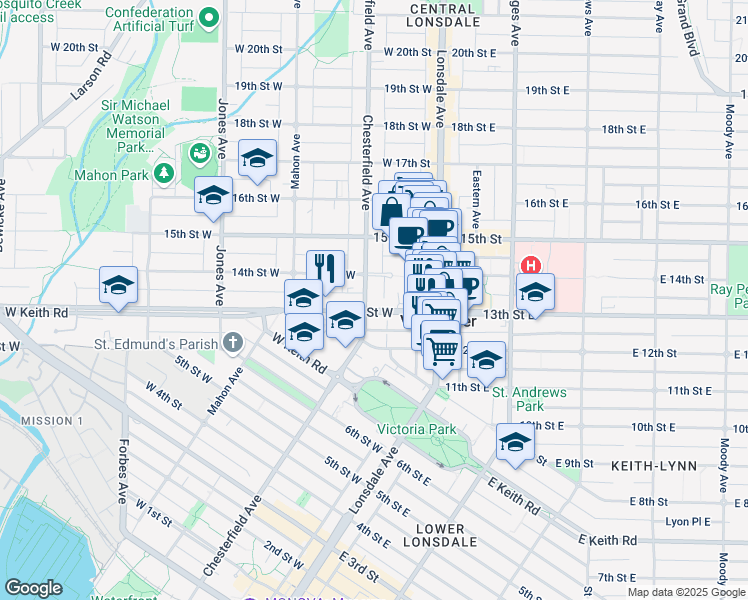 map of restaurants, bars, coffee shops, grocery stores, and more near 1322 Chesterfield Avenue in North Vancouver