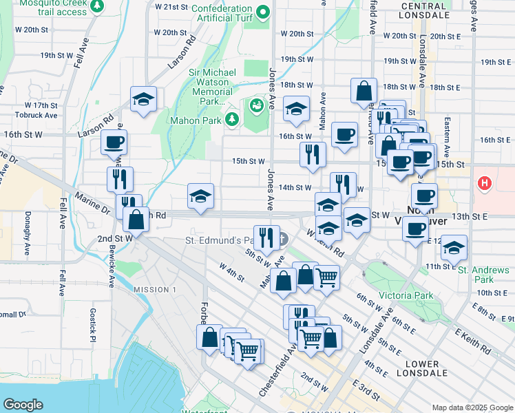 map of restaurants, bars, coffee shops, grocery stores, and more near 418 West Keith Road in North Vancouver