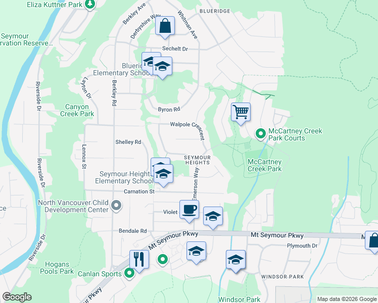 map of restaurants, bars, coffee shops, grocery stores, and more near 2724 Hardy Crescent in North Vancouver