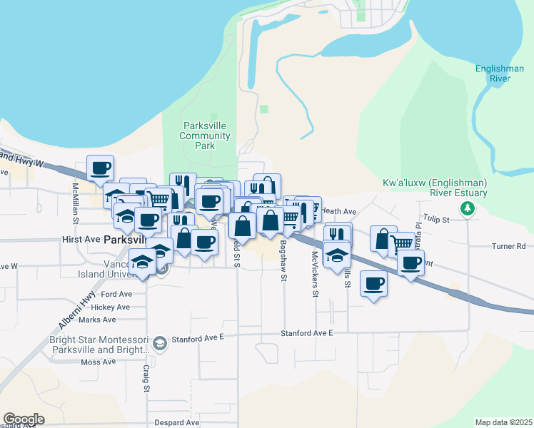 map of restaurants, bars, coffee shops, grocery stores, and more near in Parksville