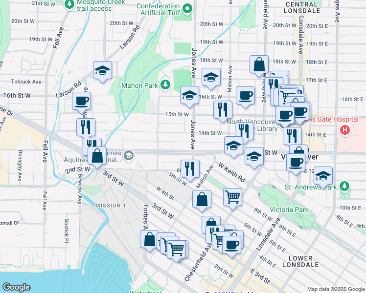 map of restaurants, bars, coffee shops, grocery stores, and more near 418 West Keith Road in North Vancouver
