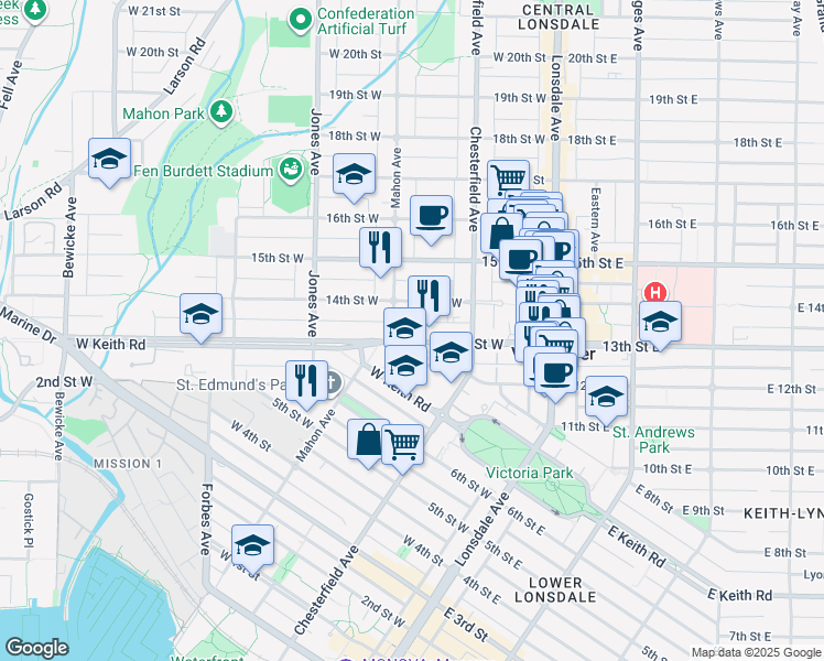map of restaurants, bars, coffee shops, grocery stores, and more near 252 13th Street West in North Vancouver
