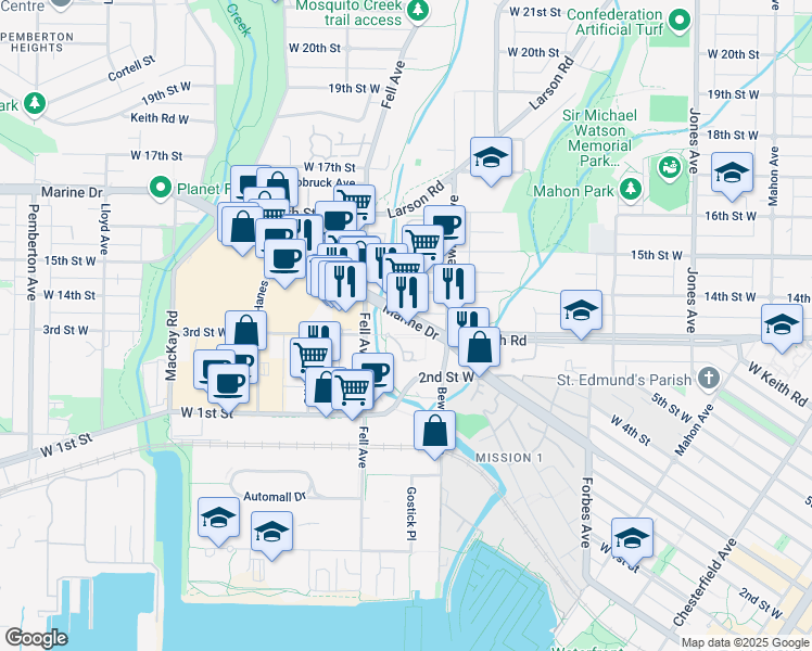 map of restaurants, bars, coffee shops, grocery stores, and more near 725 Marine Drive in North Vancouver