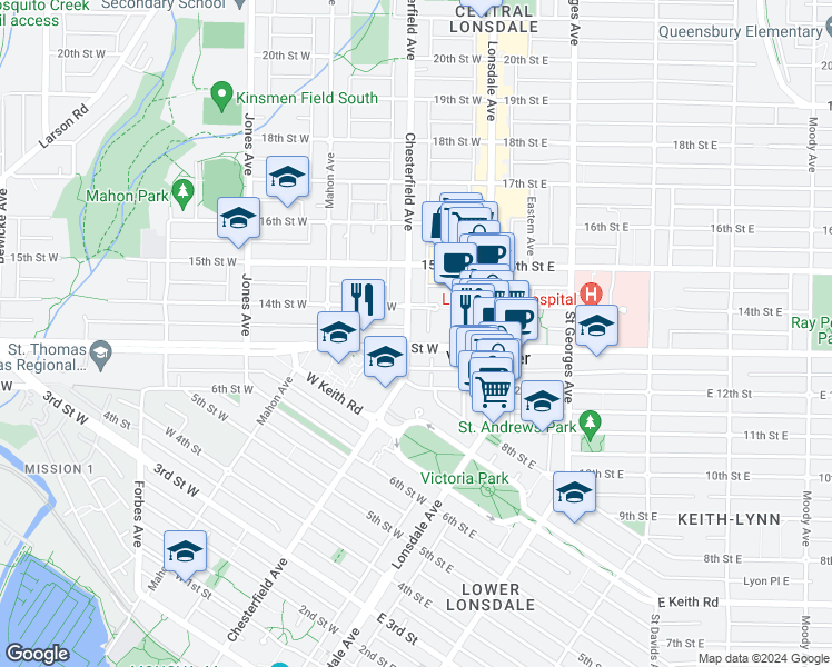 map of restaurants, bars, coffee shops, grocery stores, and more near 1320 Chesterfield Avenue in North Vancouver