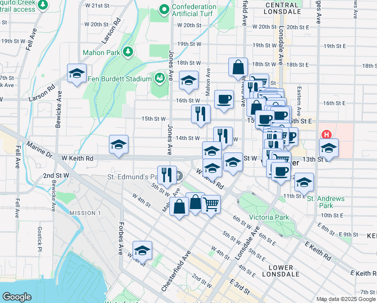 map of restaurants, bars, coffee shops, grocery stores, and more near 334 West 13th Avenue in Vancouver