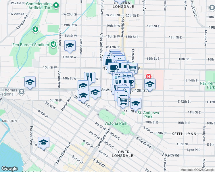 map of restaurants, bars, coffee shops, grocery stores, and more near in North Vancouver