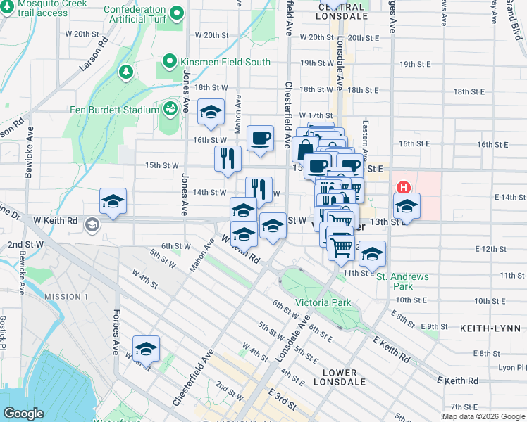 map of restaurants, bars, coffee shops, grocery stores, and more near 230 13th Street West in North Vancouver