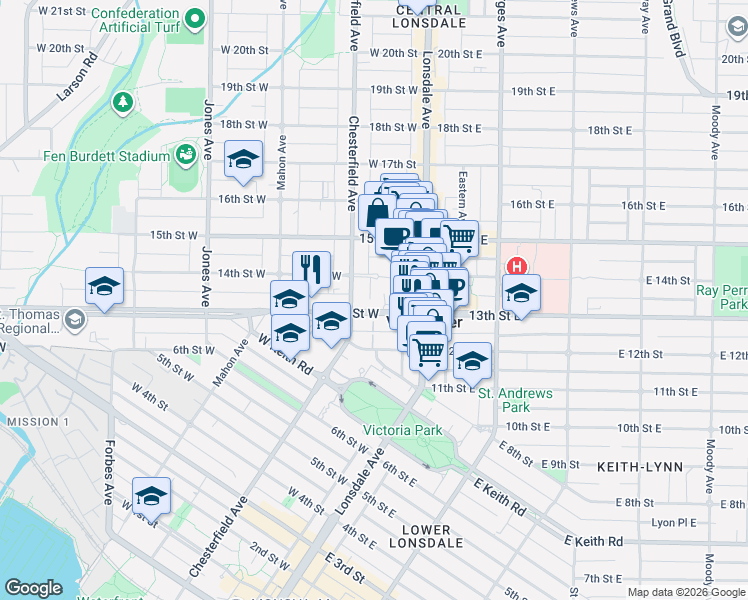 map of restaurants, bars, coffee shops, grocery stores, and more near 158 13th Street West in North Vancouver