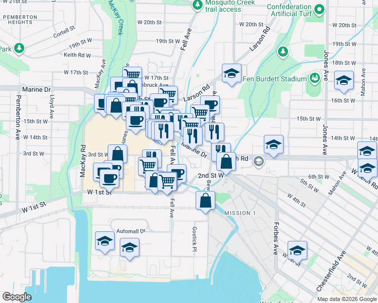 map of restaurants, bars, coffee shops, grocery stores, and more near 725 Southeast Marine Drive in Vancouver