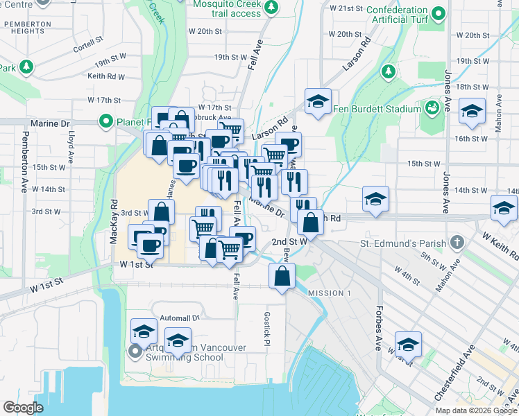 map of restaurants, bars, coffee shops, grocery stores, and more near 725 Marine Drive in North Vancouver