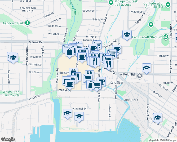 map of restaurants, bars, coffee shops, grocery stores, and more near 845 Marine Drive in North Vancouver