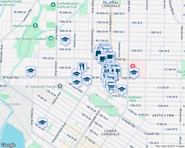 map of restaurants, bars, coffee shops, grocery stores, and more near in North Vancouver