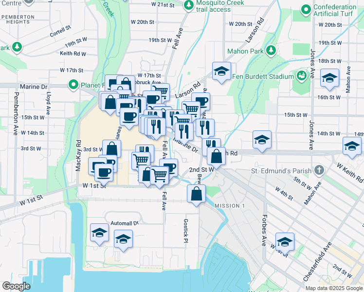 map of restaurants, bars, coffee shops, grocery stores, and more near in North Vancouver