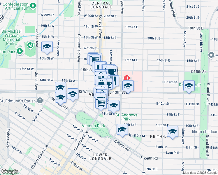 map of restaurants, bars, coffee shops, grocery stores, and more near in North Vancouver
