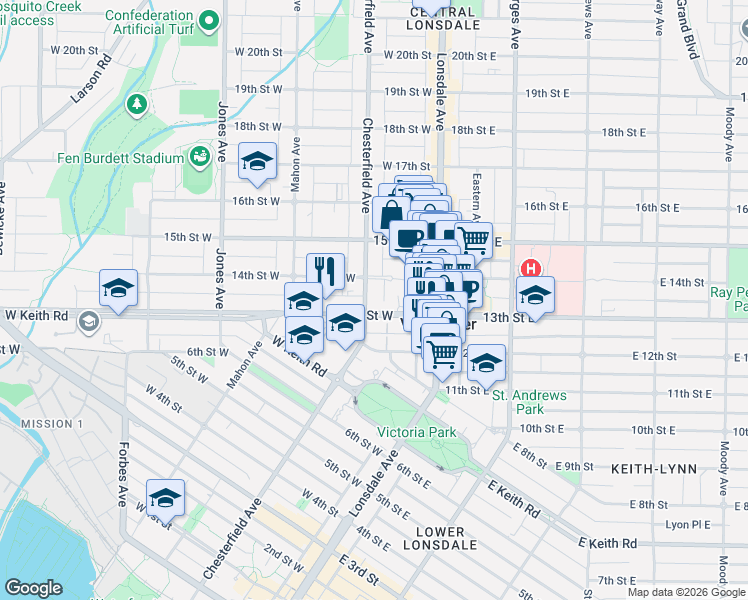 map of restaurants, bars, coffee shops, grocery stores, and more near 1320 Chesterfield Avenue in North Vancouver