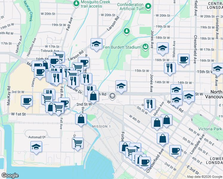 map of restaurants, bars, coffee shops, grocery stores, and more near 562 West Keith Road in North Vancouver