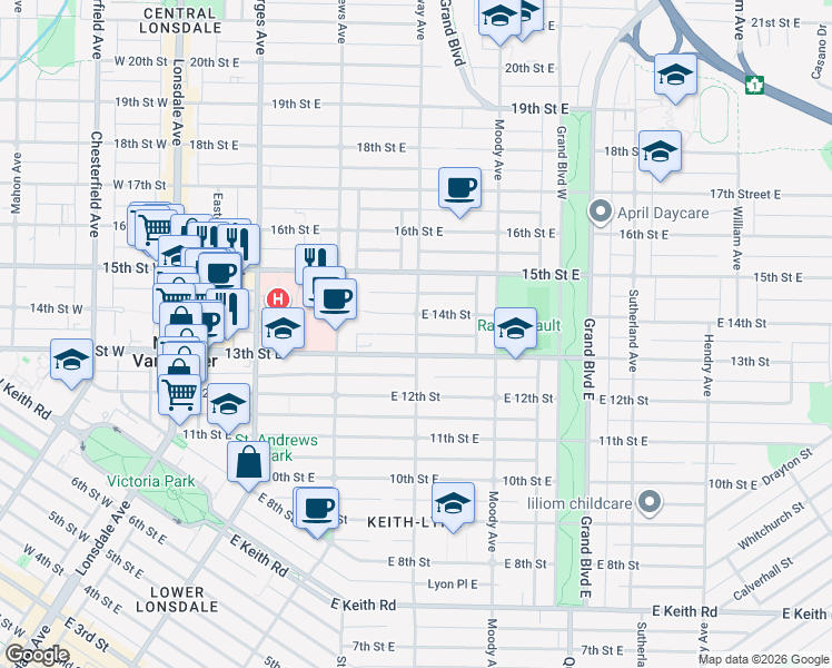 map of restaurants, bars, coffee shops, grocery stores, and more near Ridgeway Avenue in North Vancouver