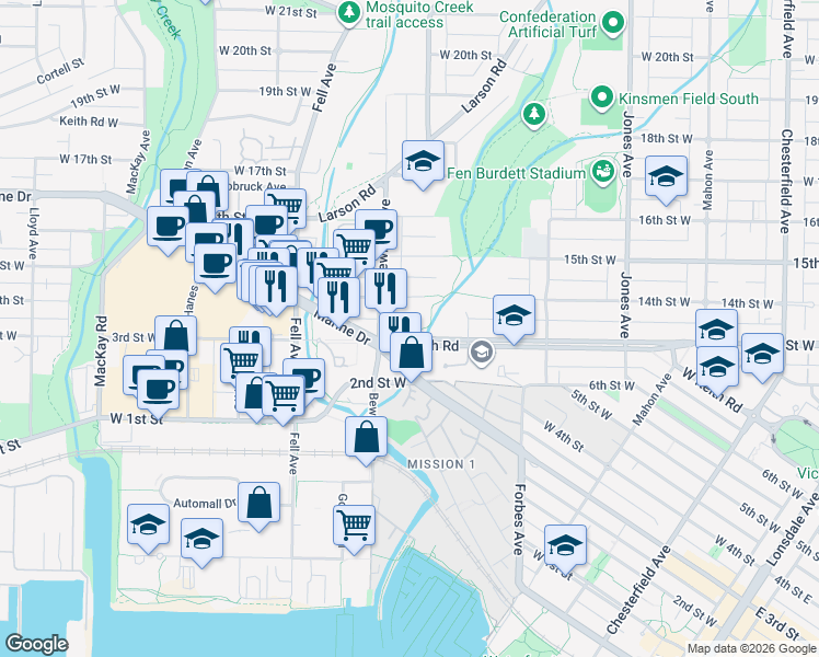 map of restaurants, bars, coffee shops, grocery stores, and more near 650 West Keith Road in North Vancouver