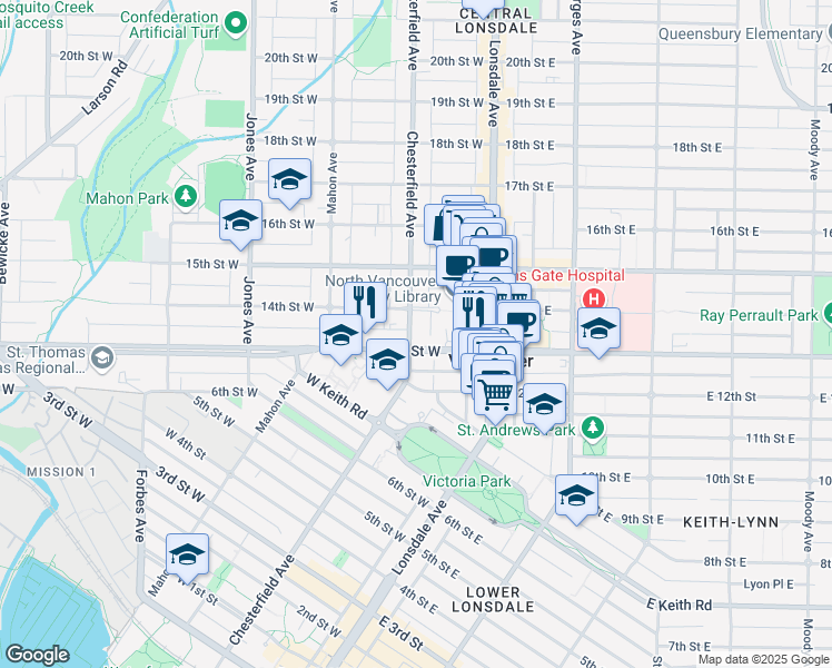 map of restaurants, bars, coffee shops, grocery stores, and more near 1322 Chesterfield Avenue in North Vancouver