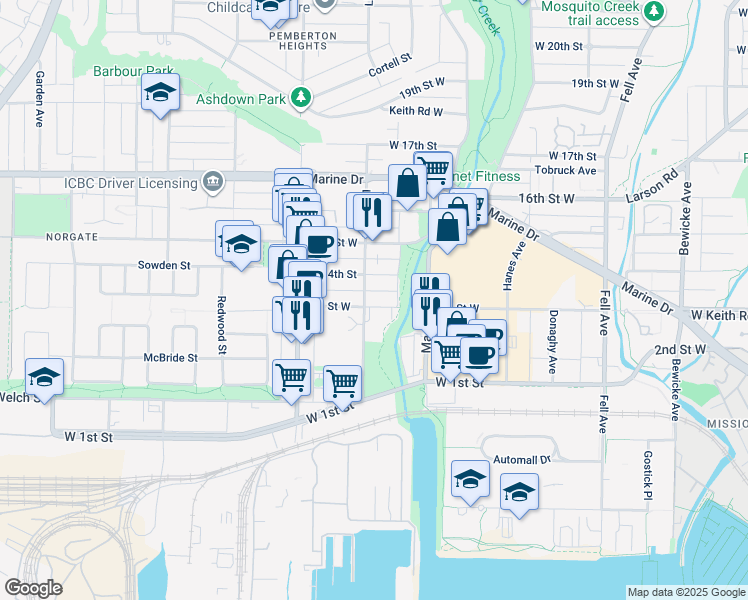 map of restaurants, bars, coffee shops, grocery stores, and more near in North Vancouver