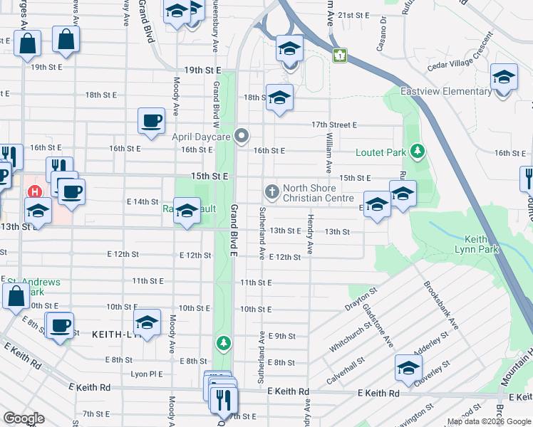 map of restaurants, bars, coffee shops, grocery stores, and more near 1390 Sutherland Avenue in North Vancouver