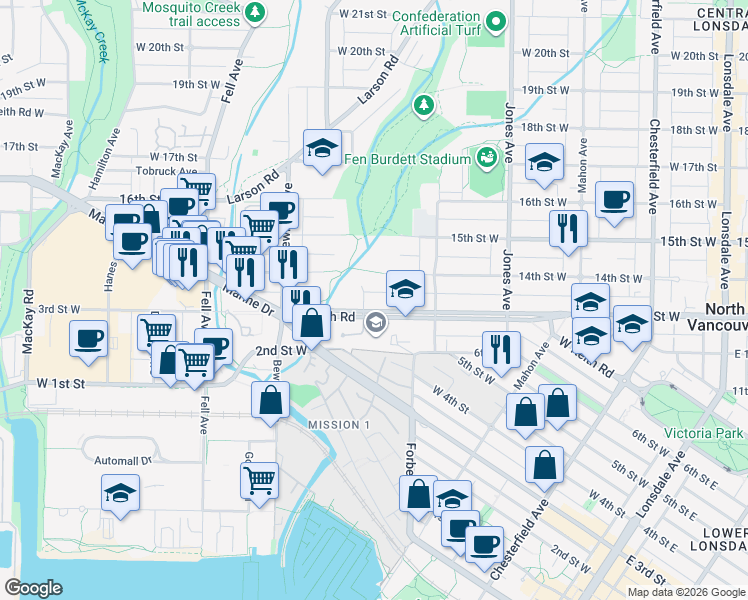 map of restaurants, bars, coffee shops, grocery stores, and more near 562 West Keith Road in North Vancouver