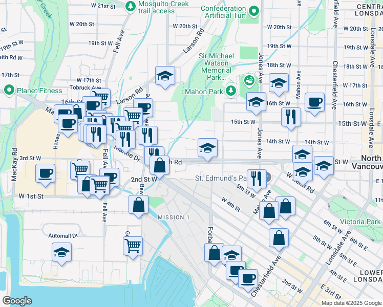 map of restaurants, bars, coffee shops, grocery stores, and more near 562 West Keith Road in North Vancouver