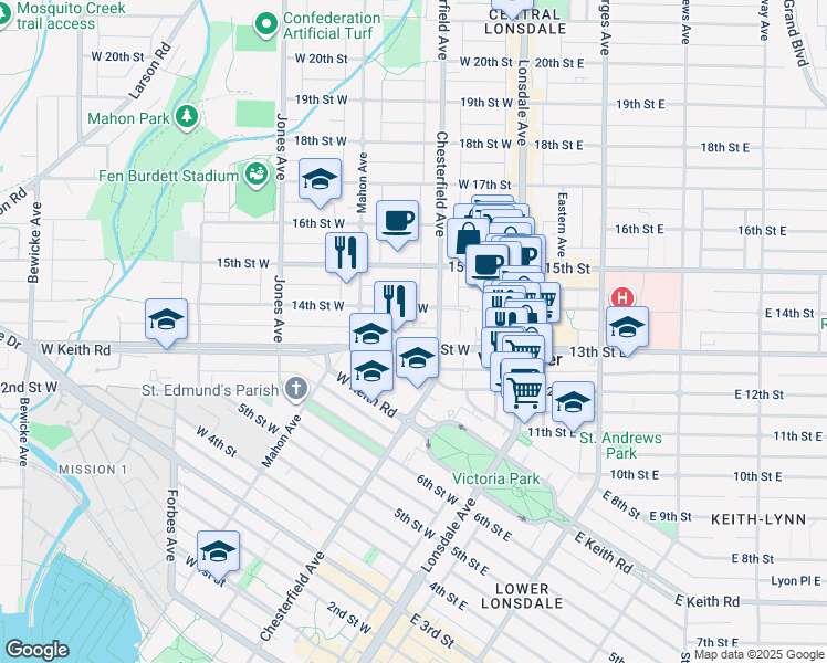 map of restaurants, bars, coffee shops, grocery stores, and more near 230 13th Street West in North Vancouver
