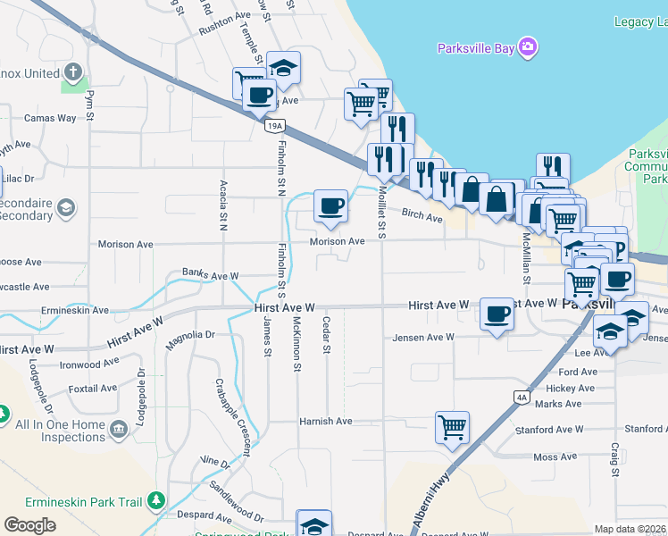 map of restaurants, bars, coffee shops, grocery stores, and more near 451 Hirst Avenue in Parksville