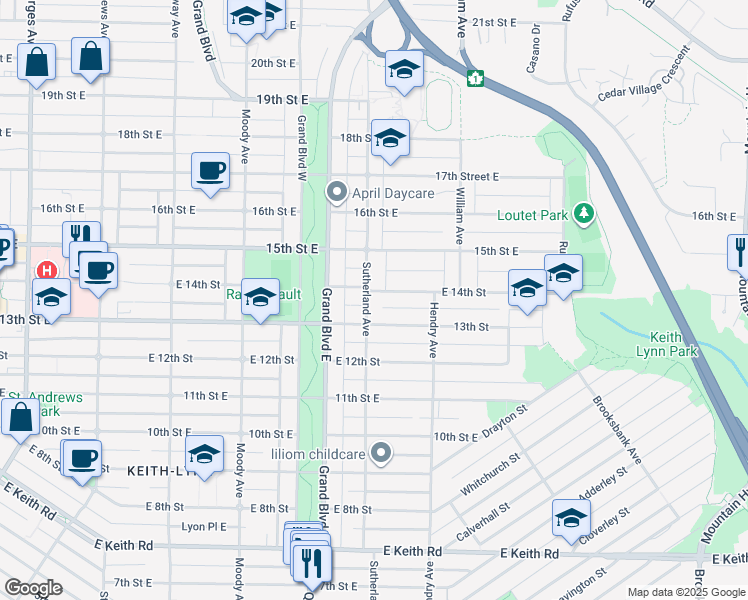 map of restaurants, bars, coffee shops, grocery stores, and more near 1390 Sutherland Avenue in North Vancouver