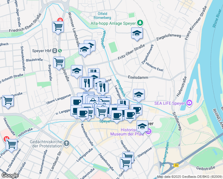 map of restaurants, bars, coffee shops, grocery stores, and more near in Speyer