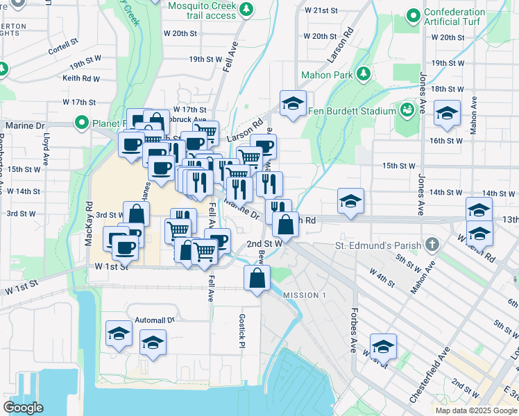 map of restaurants, bars, coffee shops, grocery stores, and more near in North Vancouver