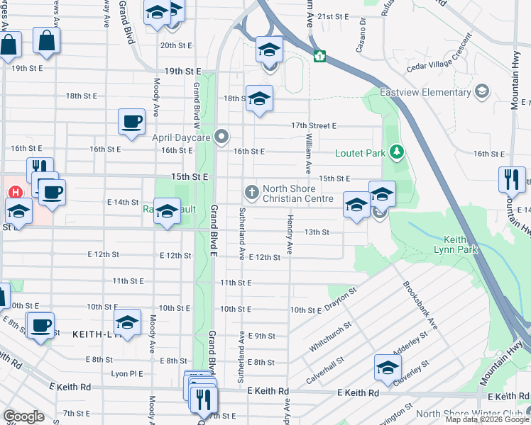 map of restaurants, bars, coffee shops, grocery stores, and more near 741 East 14th Street in North Vancouver