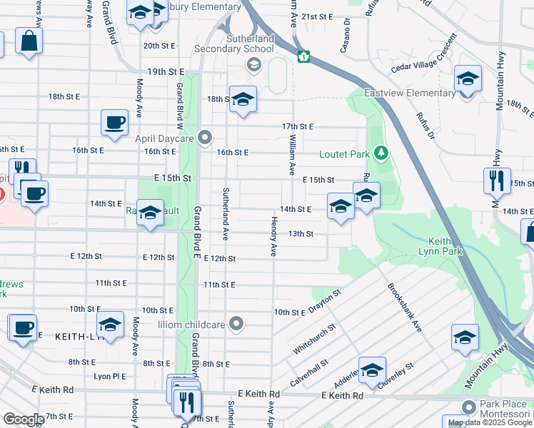 map of restaurants, bars, coffee shops, grocery stores, and more near 785 14th Street East in North Vancouver