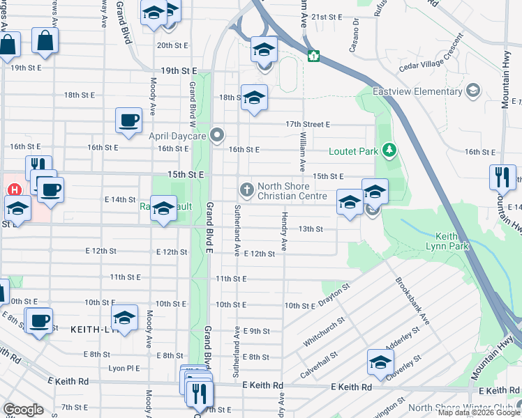 map of restaurants, bars, coffee shops, grocery stores, and more near 741 East 14th Street in North Vancouver