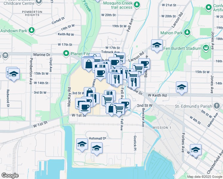 map of restaurants, bars, coffee shops, grocery stores, and more near 845 Marine Drive in North Vancouver