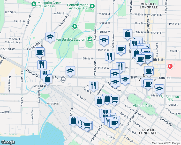 map of restaurants, bars, coffee shops, grocery stores, and more near 410 West Keith Road in North Vancouver