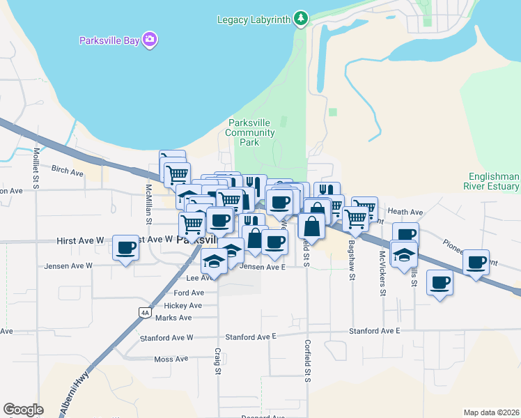 map of restaurants, bars, coffee shops, grocery stores, and more near 166 Island Highway East in Parksville