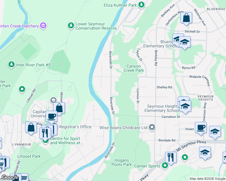 map of restaurants, bars, coffee shops, grocery stores, and more near 1444 Riverside Drive in North Vancouver