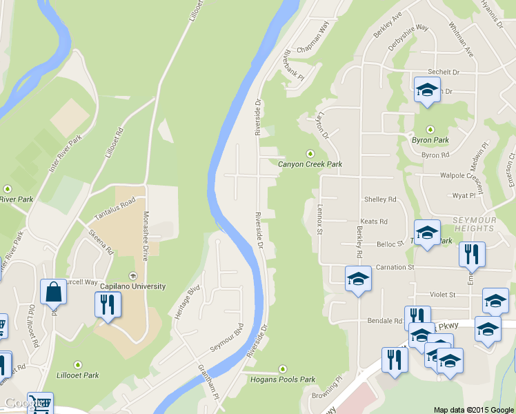 map of restaurants, bars, coffee shops, grocery stores, and more near 1444 Riverside Drive in North Vancouver