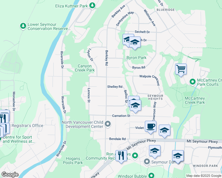 map of restaurants, bars, coffee shops, grocery stores, and more near 1488 Berkley Road in North Vancouver
