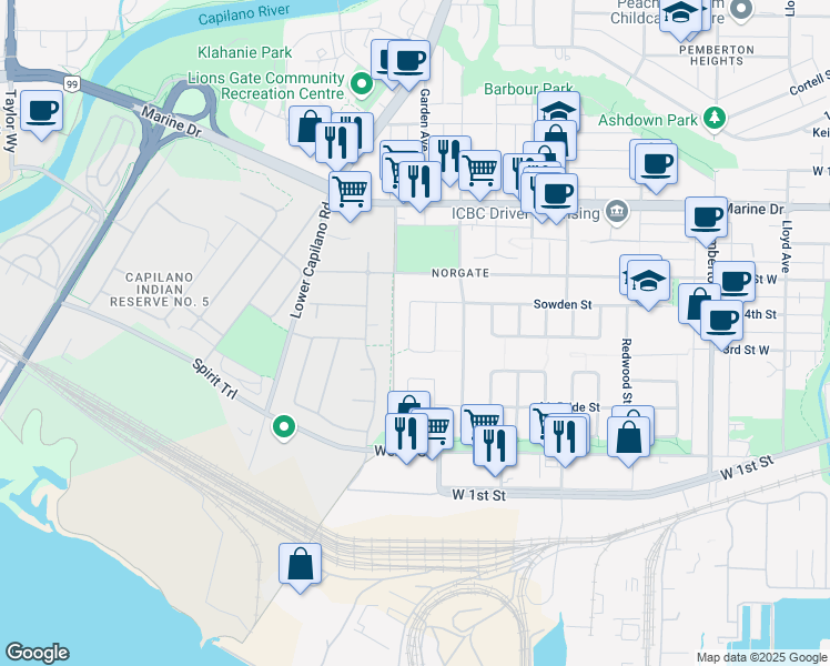 map of restaurants, bars, coffee shops, grocery stores, and more near 1378 Oakwood Crescent in North Vancouver