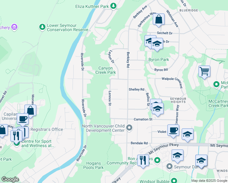 map of restaurants, bars, coffee shops, grocery stores, and more near 2423 Birney Place in North Vancouver