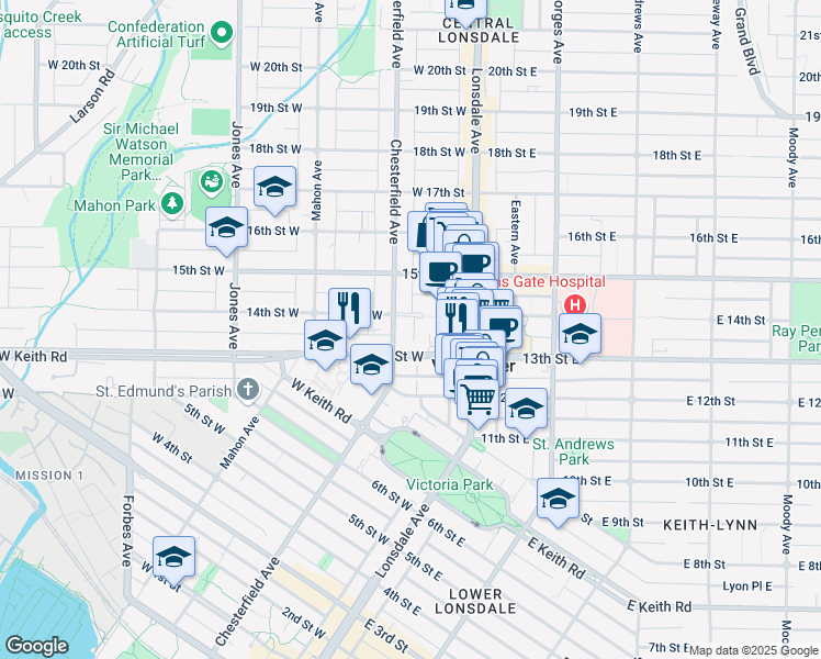 map of restaurants, bars, coffee shops, grocery stores, and more near 1303 Civic Place Mews in North Vancouver