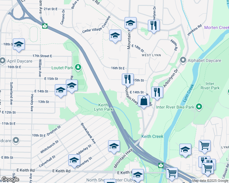 map of restaurants, bars, coffee shops, grocery stores, and more near 1224 East 14th Street in North Vancouver