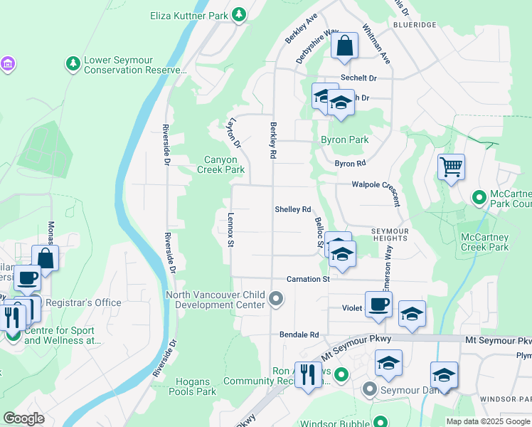map of restaurants, bars, coffee shops, grocery stores, and more near 1473 Berkley Road in North Vancouver