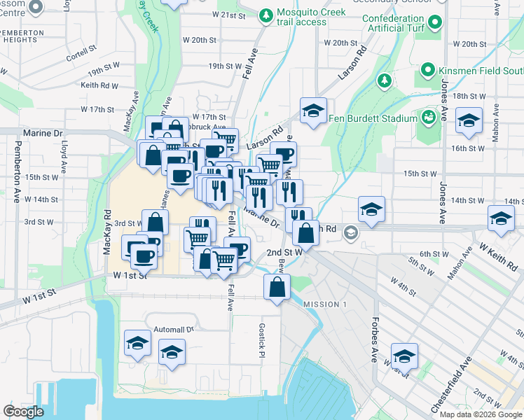 map of restaurants, bars, coffee shops, grocery stores, and more near 730 Marine Drive in North Vancouver