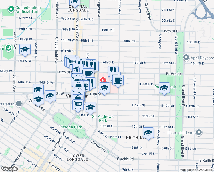 map of restaurants, bars, coffee shops, grocery stores, and more near in North Vancouver